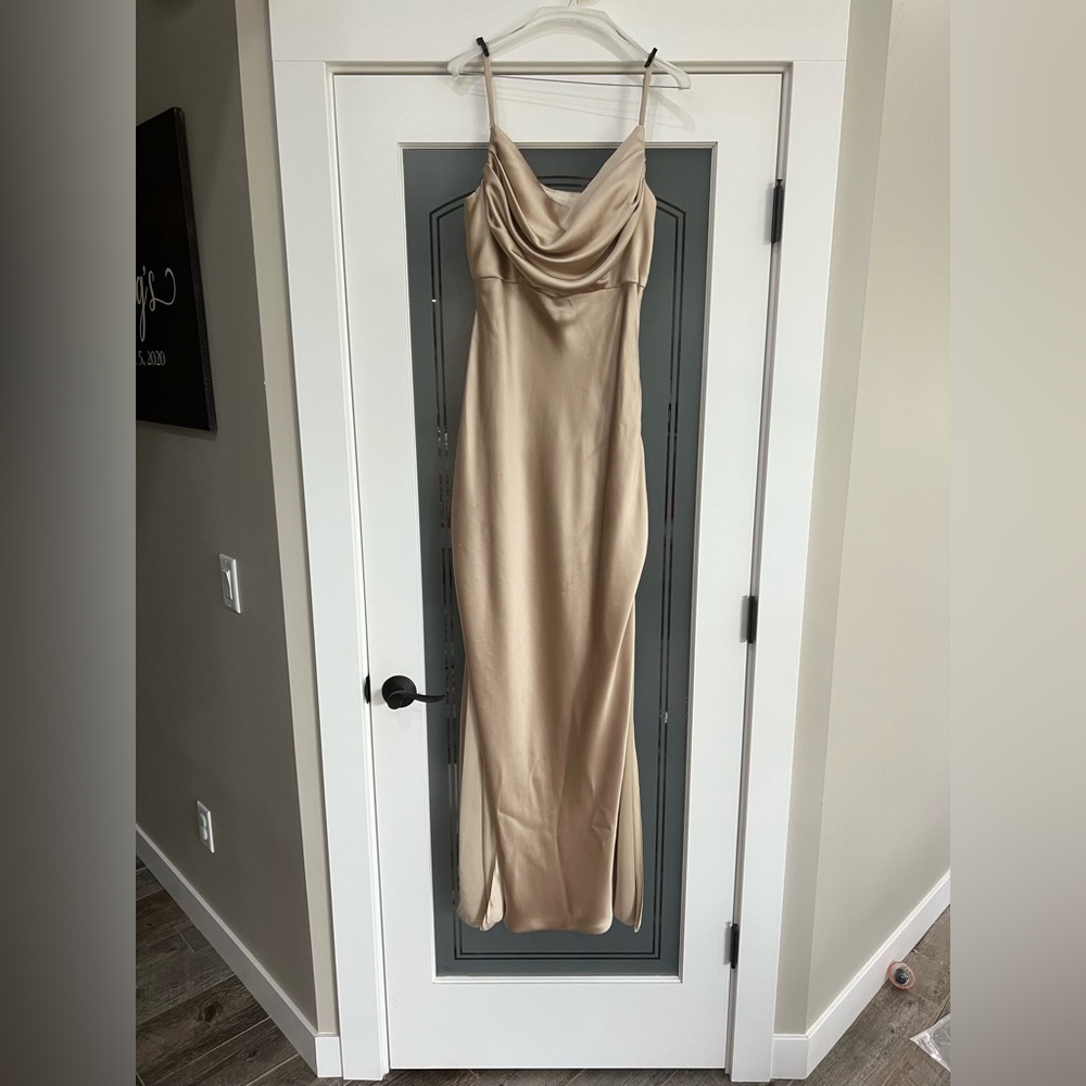 Revelry Skye Satin Champagne bridesmaid dress